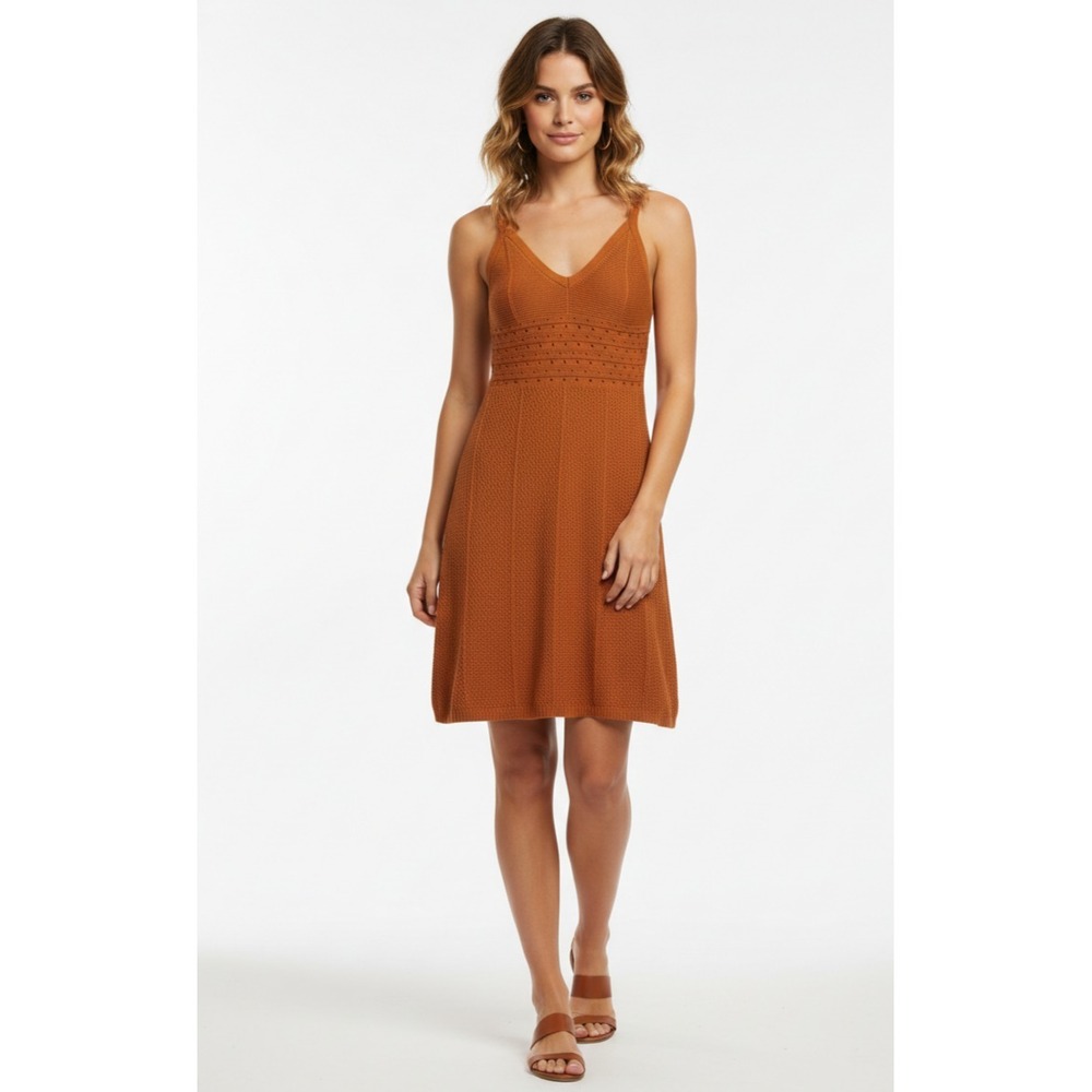 Knit Mini Dress‎ Womens S Burnt Orange Boho Chic Festival Pointelle Cottagecore